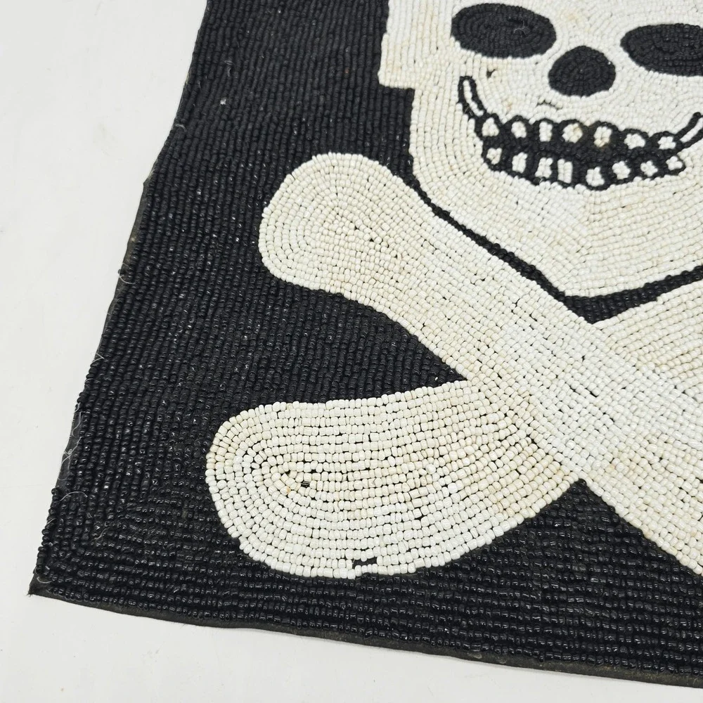VTG Beaded Skull Crossbones Panel Tapestry Wall Art Jolly Roger 15x15 Handmade